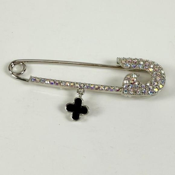 Fashion Jewelry Rhinestone Pin Brooch Silver Tone Black Flower Dangle - Picture 2 of 5